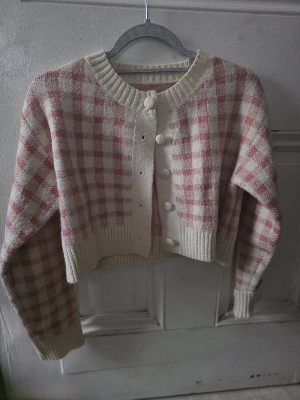 Cream and Pink Check Cropped Cardigan Sweater